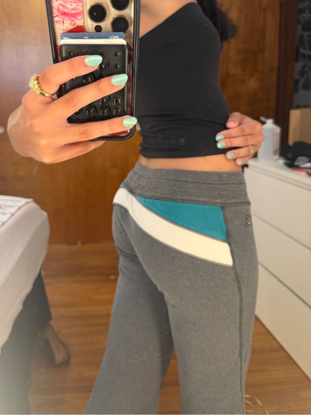 2000s LOW RISE ATHETLIC WEAR gray Sweatpants with Teal and White Panels